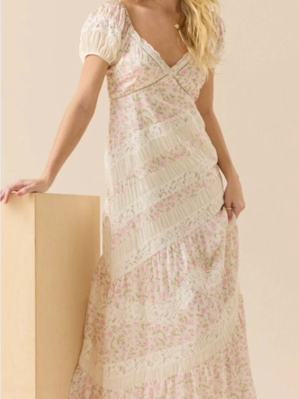 Altar'd State Cream Maxi Dress with Pink Floral Print